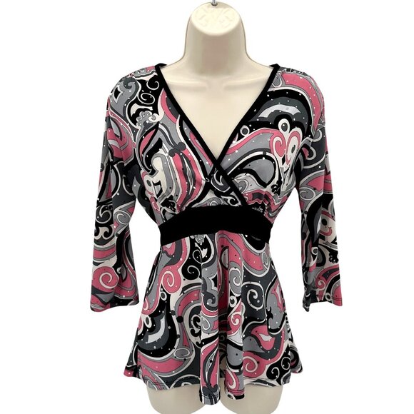 Dressbarn Womens Pink/Black 60s Swirl Sequin Print Wrap Front Strech Knit Top S - Picture 1 of 8